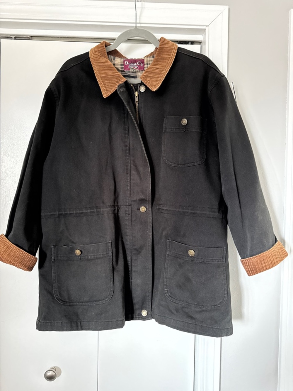 Vtg Denim & Co Barn Jacket Corduroy Collar Plaid Lined Chore Coat Black L